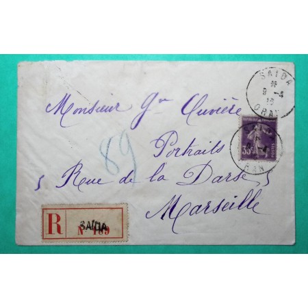 N°142 SEMEUSE RECOMMANDE SAÏDA ALGERIE POUR MARSEILLE BOUCHES DU RHONE 1915