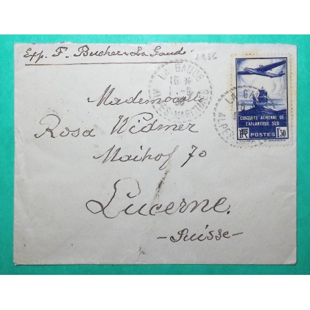 N°320 TRAVERSEE ATLANTIQUE SEUL SUR LETTRE LA GAUDE ALPES MARITIMES POUR LUCERNE SUISSE 1936