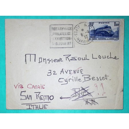 N°340 CONGRES CHEMINS DE FER PARIS 1937 SEUL SUR LETTRE NICE ALPES MARITIMES REEXP SAN REMO ITALIE