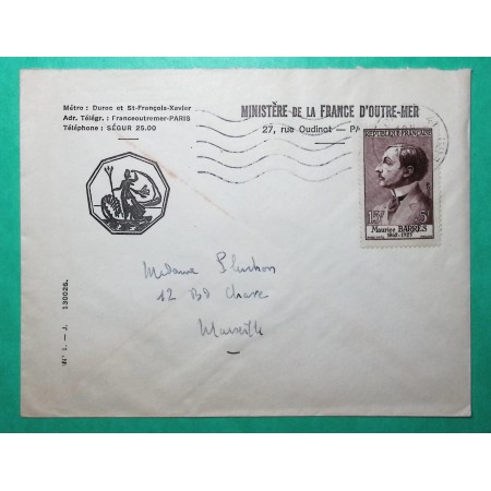 N°1070 MAURICE BARRES SEUL SUR LETTRE MINISTERE FRANCE OUTRE MER PARIS 1956
