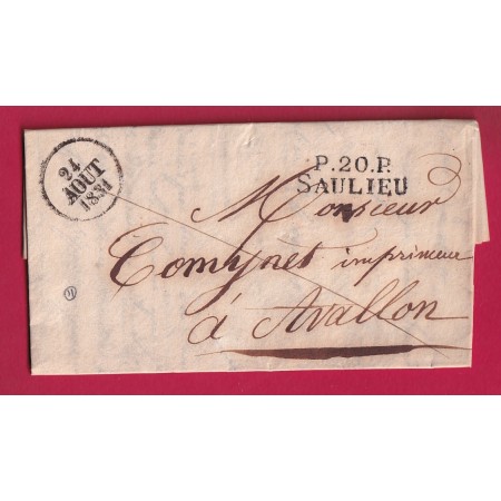 MARQUE P20P SAULIEU COTE D'OR 1831 POUR AVALLON YONNE INDICE 11 BELLE TAXE AU DOS