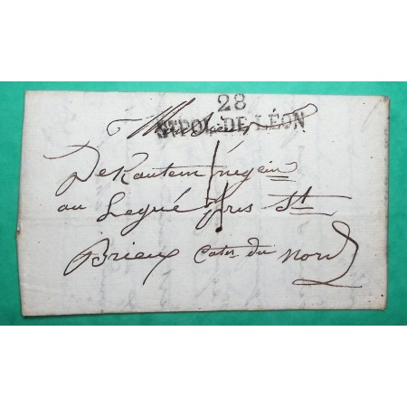 MARQUE 28 ST POL DE LEON FINISTERE DEPART L'ILE DE BATZ POUR ST BRIEUC COTES DU NORD 47x12 1823 LETTRE COVER FRANCE