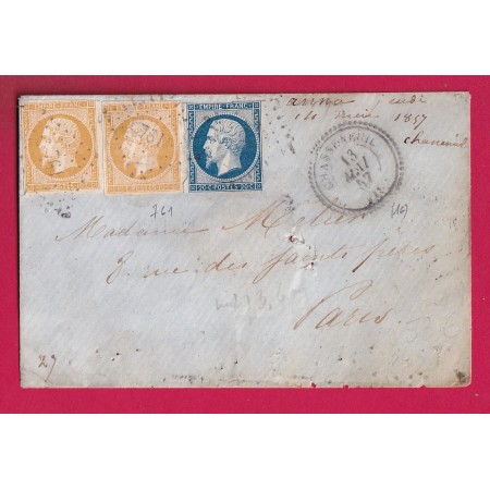 N°13 X2 + 14 PC 761 CHASSENEUIL CHARENTE INFERIEURE CAD TYPE 22 POUR PARIS 1857