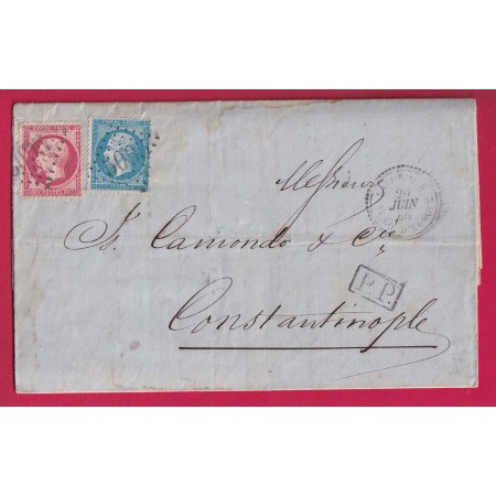N°22 24 GC 5095 SALONIQUE TURQUIE D'ASIE CAD TYPE 22 POUR CONSTANTINOPLE 1866 BFE