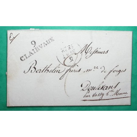 MARQUE 9 CLAIRVAUX AUBE POUR FORGES BERTHELIN DOULEVANT HAUTE MARNE 35x10 1828 LETTRE COVER FRANCE