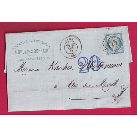 N°60 GC 2145 LYON RHONE 13 NOV 1871 TAXE ALLEMANDE 20 TAMPON POUR ARS SUR MOSELLE