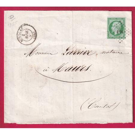 N°12 VERT SUR VERDATRE TTB PC 138 AURILLAC CANTAL POUR MAURS 1855 BANDE DE JOURNAL