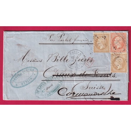 N°21 X2 + 23 PARIS ETOILE 4 ACHEMINEE DE MEXICO MEXIQUE 1866 POUR LA CHAUD DE FONDS SUISSE
