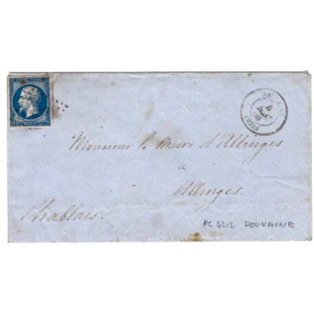 N° 14 BELLES MARGES MAIS TACHE PC 4212 TYPE 15 DOUVAINE 4 DEC 1860 POUR ALLINGES HAUTE SAVOIE B/TB