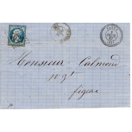 N° 22 GC 1621 TYPE 22 VAREN 1 FEVR 1867 LETTRE ° TYPE 15 ST ANTONIN VENDEE COTE 240€