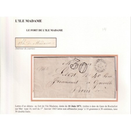 LETTRE D'UN DETENU AU FORT DE L' ILE MADAME CAD GARE DE ROCHEFORT CHARENTE INFERIEURE 17 JUIN 1871 POUR PARIS ...