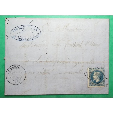 N°29 GC 4563 LE POUJOL HERAULT BUREAU SUPPLEMENTAIRE POUR MARSEILLE BOUCHES DU RHONE 1869 LETTRE COVER FRANCE