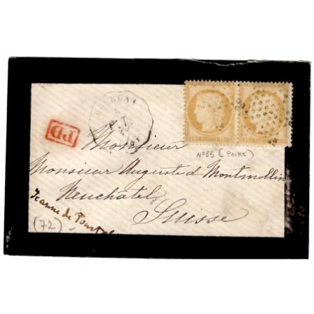 N°55 PAIRE PETITE LETTRE DEUIL ETOILE MUETTE CONVOYEUR STATION DOURDAN P.T POUR SUISSE 1874