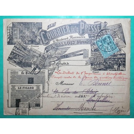 N°75 SAGE BELLE ENVELOPPE PUB ILLUSTREE TARIF IMPRIME COURRIER DE LA PRESSE PARIS AVEC CORRESPONDANCE 1897 COVER FRANCE