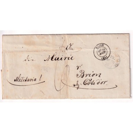 GUERRE 1870 DIJON COTE D'OR FELDPOST RELAIS EXPED 19 INF DIV POUR BRION SUR OURCE 22 AOUT 1871