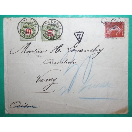 N°138 SEMEUSE + TAXES REEXPEDITION SUISSE 30C ERREUR VEVEY AISNE 1908 LETTRE COVER FRANCE