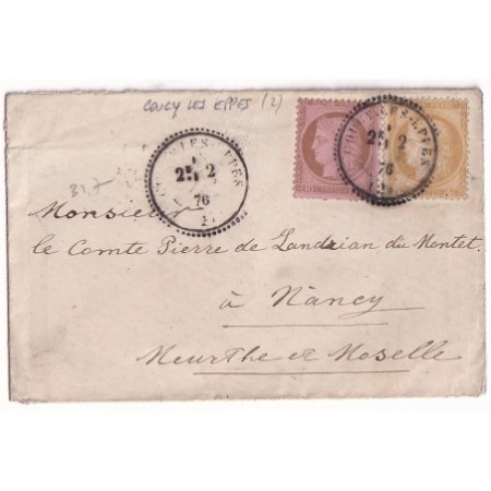 N°54 55 CAD TYPE 24 COUCY LES EPPES AISNES 2 JANVIER 1876 POUR NANCY MEURTHE ET MOSELLE