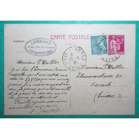 ENTIER 1F PAIX ROSE + COMPLEMENT AFFRANCHISSEMENT N°411 MERCURE DEPART HAY LES ROSES SEINE POUR ZURICH SUISSE 1939 COVER