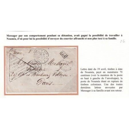 LETTRE DE NOUMEA DU 19 AVRIL 1876 D'UN BAGNARD LIBERE OBLITERATION TRIANGLE PD POUR PARIS COMMUNE DE PARIS