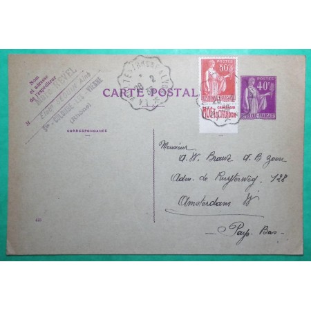 ENTIER 40C PAIX + N°283 PUB CHAMPAGNE MOET ET CHANDON CONVOYEUR LIGNE LA VOULTE A LYON RARE POUR AMSTERDAM PAYS BAS 1936