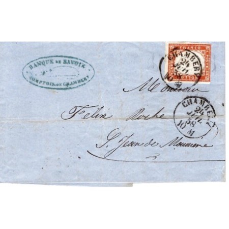 SARDE 40C EFFLEURE EN HAUT SEUL LETTRE CHAMBERY 24 JUIL 1858 10M POUR ST JEAN SAVOIE