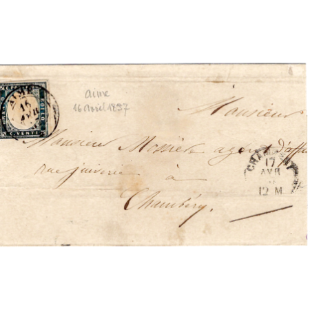 SARDE 20C TOUCHE AIME 16 FEVR 1857 LETTRE POUR CHAMBERY CACHET AU RECTO