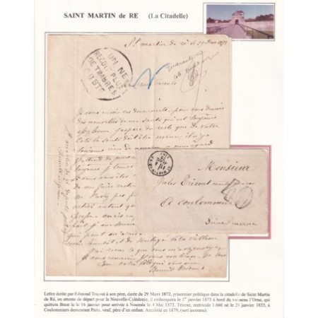 LETTRE D'UN DETENU A LA CITADELLE DE ST MARTIN DE RE CHARENTE INFERIEURE 4 AVRIL 1872 TAXE 40 DT POUR COULOMMI...