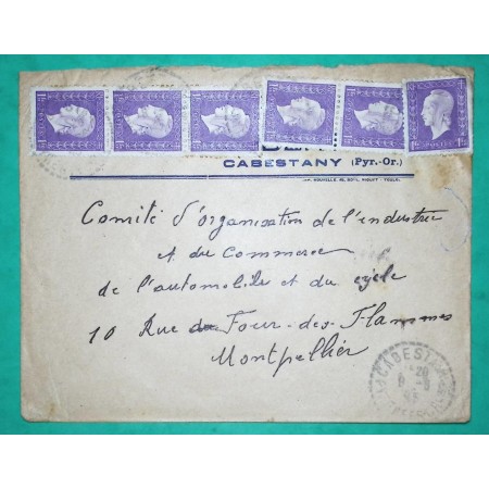 N°689 x6 MARIANNE DE DULAC 1F VIOLET BEL AFFRANCHISSEMENT CABESTANY PYRENEES ORIENTALES POUR MONTPELLIER HERAULT 1945
