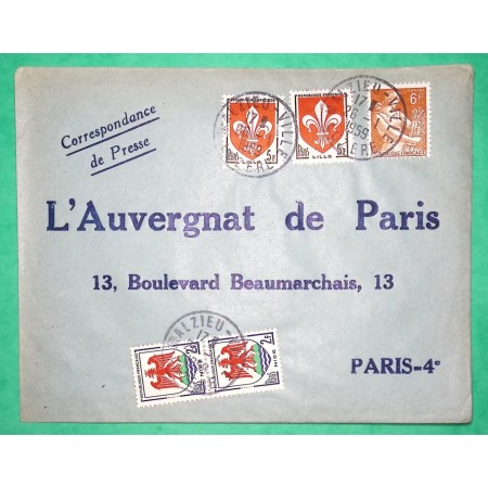 N°1115 + 1184 x2 + 1186 x2 MOISSONNEUSE ENVELOPPE PLI HORS SAC L'AUVERGNAT DE PARIS 1959 LETTRE COVER FRANCE