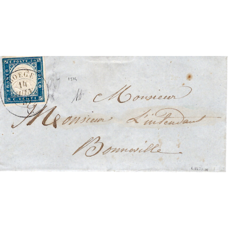 SARDE 20C BLEU LAITEUX LETTRE BOEGE 14 JUIN 1857 POUR BONNEVILLE