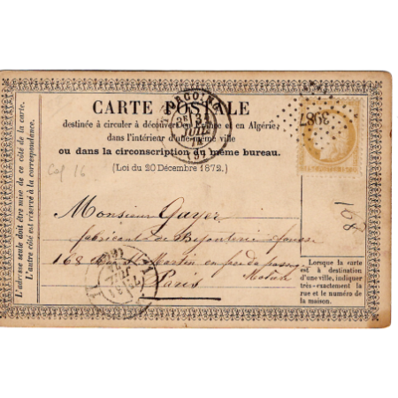 CERES 15C CARTE PRECURSEUR PC GC 3987 TYPE TOURCOING 1874 NORD COTE 190€