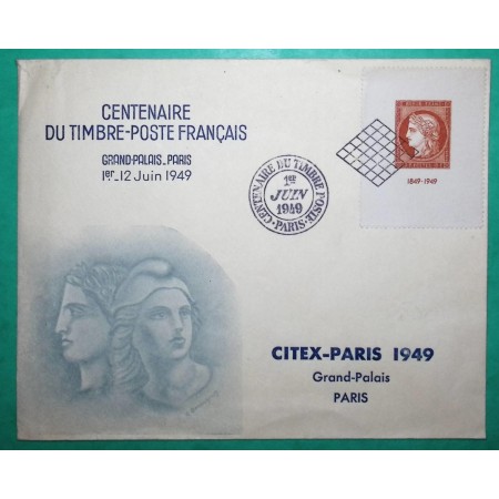 N°830 CERES OBLITERATION GRILLE ENVELOPPE CENTENAIRE DU TIMBRE FRANCAIS PARIS 1949 LETTRE COVER FRANCE