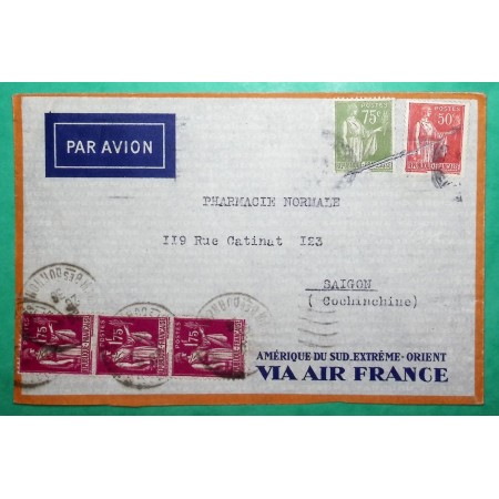 N°283 + 284A + 289 x3 PAIX LETTRE PAR AVION MARSEILLE BOUCHES DU RHONE POUR SAÏGON COCHINCHINE 1936 COVER FRANCE