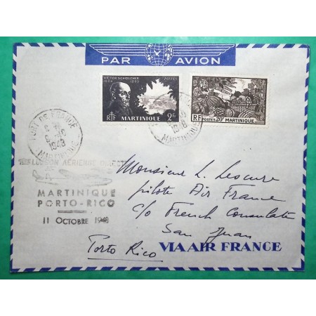 ENVELOPPE PAR AVION PREMIER VOL MARTINIQUE PORTO RICO 11 OCTOBRE 1948 LETTRE COVER FRANCE