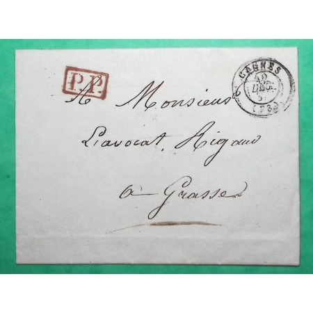 CAD TYPE 15 78 CAGNES SUR MER ALPES MARITIMES PP PORT PAYE POUR GRASSE 1844 LETTRE COVER FRANCE