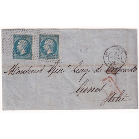 N°22 X2 POINTILLES FINS PARIS 3 60 1ER POUR GENES GENOVA ITALIE ITALIA 1864
