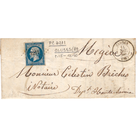 N° 14 PC 4211 TYPE 15C CLUSES 14 DEC 1860 LETTRE ECRITE THYEZ POUR MEGEVE HAUTE SAVOIE