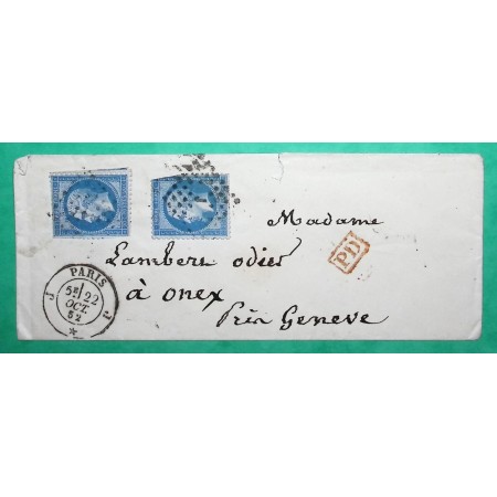 N°22 x2 LOSANGE PARIS BUREAU J POUR ONEX SUISSE 1862 LETTRE COVER FRANCE
