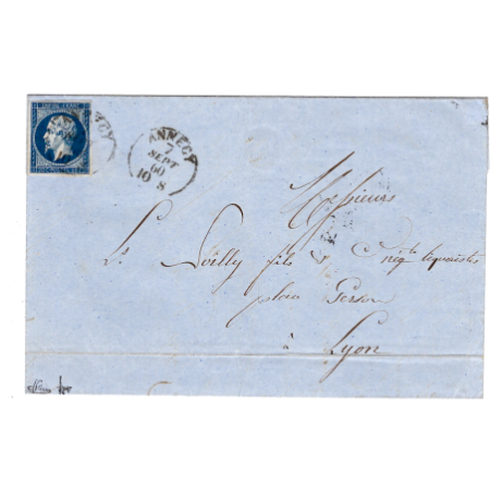 FRANCE N° 14 LETTRE CACHET SARDE ANNECY 7 SEPT 1860 POUR LYON