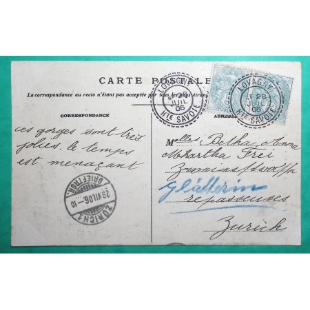 N°111 x2 BLANC CAD FB84 LOVAGNY HAUTE SAVOIE CARTE POSTALE GORGES DU FIER POUR ZURICH SUISSE 1906 LETTRE COVER FRANCE