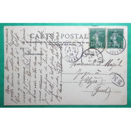 N°137 x2 SEMEUSE BM BOITE MOBILE MEYRUEIS LOZERE CARTE POSTALE HAUTERIVE POUR UZES GARD 1908 LETTRE COVER FRANCE