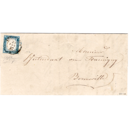 SARDE 20C BLEU LAITEUX LETTRE ANNEMASSE 29 JAN 1857 POUR BONNEVILLE