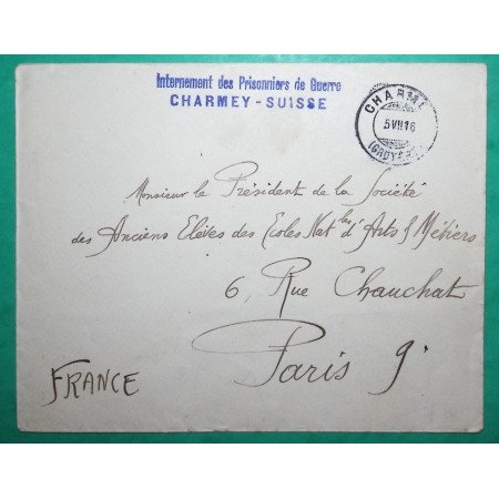 FRANCHISE MILITAIRE FM INTERNEMENT DES PRISONNIERS DE GUERRE CHARMEY SUISSE POUR PARIS 1916 WW1 LETTRE COVER FRANCE
