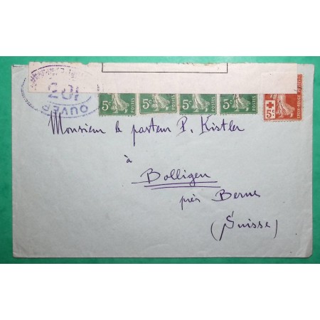 N°137 x4 + 147 SEMEUSE CROIX ROUGE LETTRE POUR BOLLIGEN SUISSE CENSURE 103 WW1 COVER FRANCE