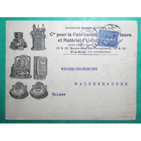N°132 SEMEUSE BELLE ENVELOPPE PUB ILLUSTREE COMPTEURS ET MATERIEL D'USINE PARIS POUR WALZENHAUSEN SUISSE 1905 FRANCE
