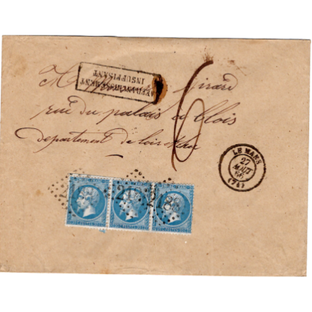 N° 22 BANDE DE 3 GC 2188 TYPE 15 LE MANS 27 AOUT 1866 LETTRE TAXE 6