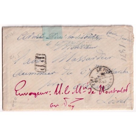 GUERRE 1870 FRANCHISE LE DIRECTEUR DES POSTES DE LA HAUTE LOIRE LE PUY EN VELAY ARMEE DE LA LOIRE POUR ORLEANS...