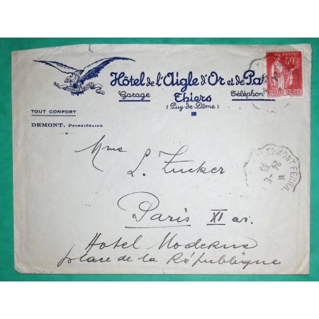 N°283 PAIX ENVELOPPE ENTETE HOTEL DE L'AIGLE D'OR THIERS PUY DE DOME POUR PARIS 1935 LETTRE COVER FRANCE
