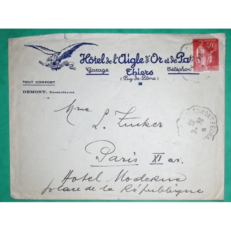 N°283 PAIX ENVELOPPE ENTETE HOTEL DE L'AIGLE D'OR THIERS PUY DE DOME POUR PARIS 1935 LETTRE COVER FRANCE