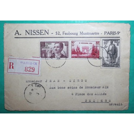 N°403 + 418 + 420 RECOMMANDE BEL AFFRANCHISSEMENT NISSEN PARIS POUR BEZIERS HERAULT 1939 DEVANT DE LETTRE FRONT COVER